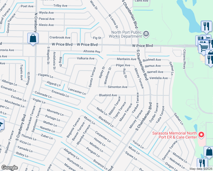 map of restaurants, bars, coffee shops, grocery stores, and more near 1790 Wendover Street in North Port