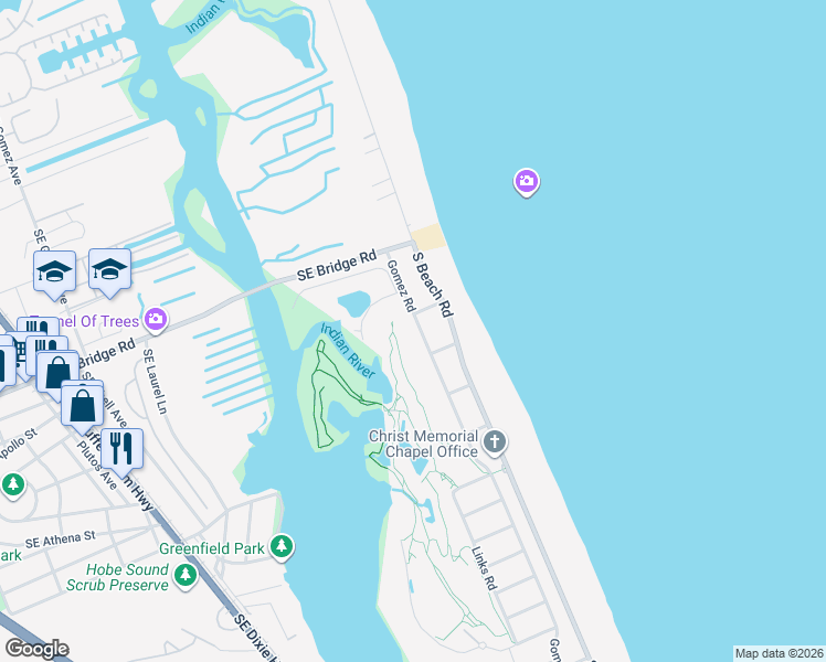 map of restaurants, bars, coffee shops, grocery stores, and more near 18 Gomez Road in Hobe Sound