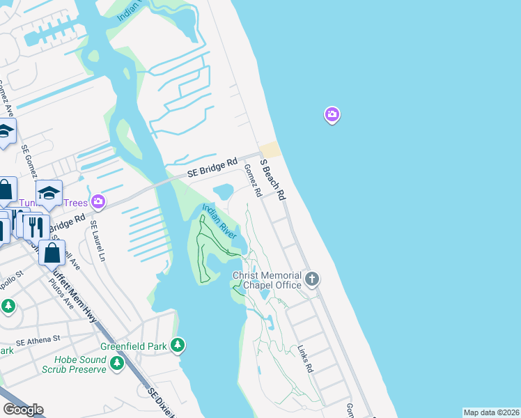 map of restaurants, bars, coffee shops, grocery stores, and more near 18 Gomez Road in Hobe Sound