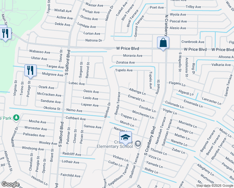 map of restaurants, bars, coffee shops, grocery stores, and more near 1897 Bendix Terrace in North Port