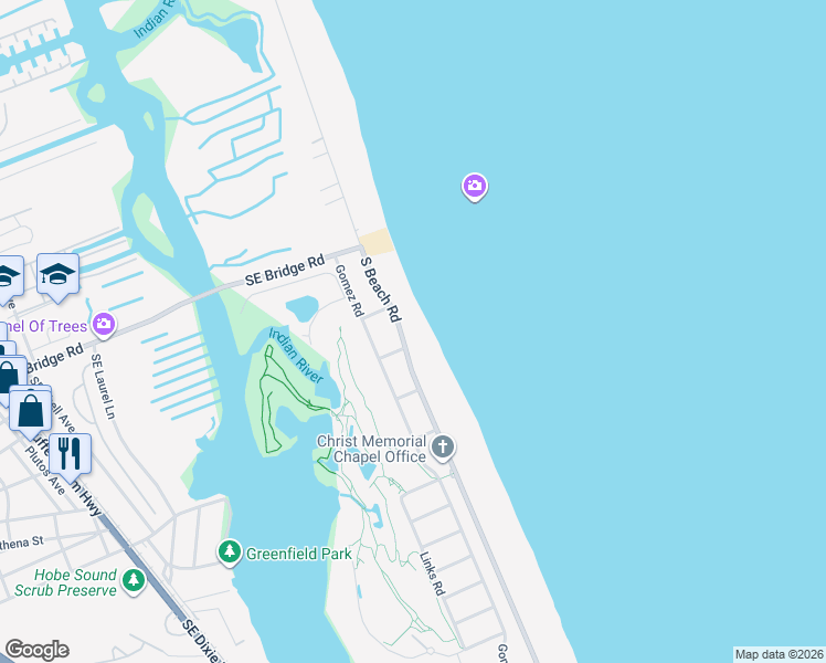 map of restaurants, bars, coffee shops, grocery stores, and more near 25 South Beach Road in Hobe Sound
