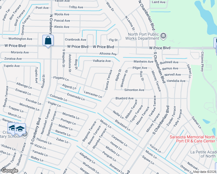 map of restaurants, bars, coffee shops, grocery stores, and more near 1436 Sareta Terrace in North Port
