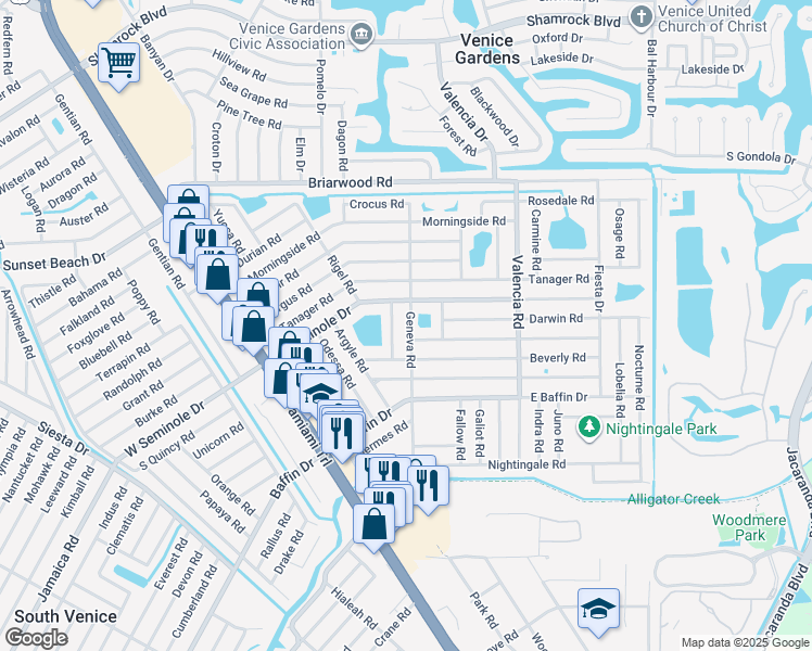 map of restaurants, bars, coffee shops, grocery stores, and more near 2880 Geneva Road in Venice