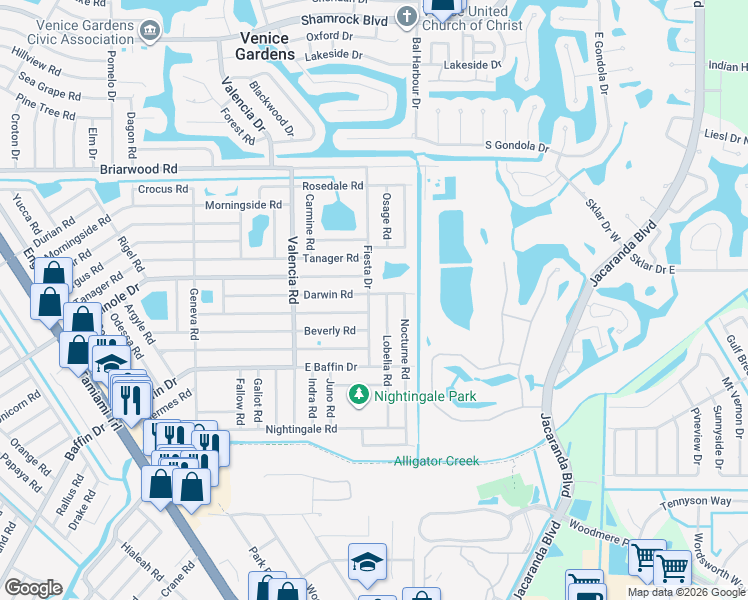 map of restaurants, bars, coffee shops, grocery stores, and more near 2908 Lobelia Road in Venice