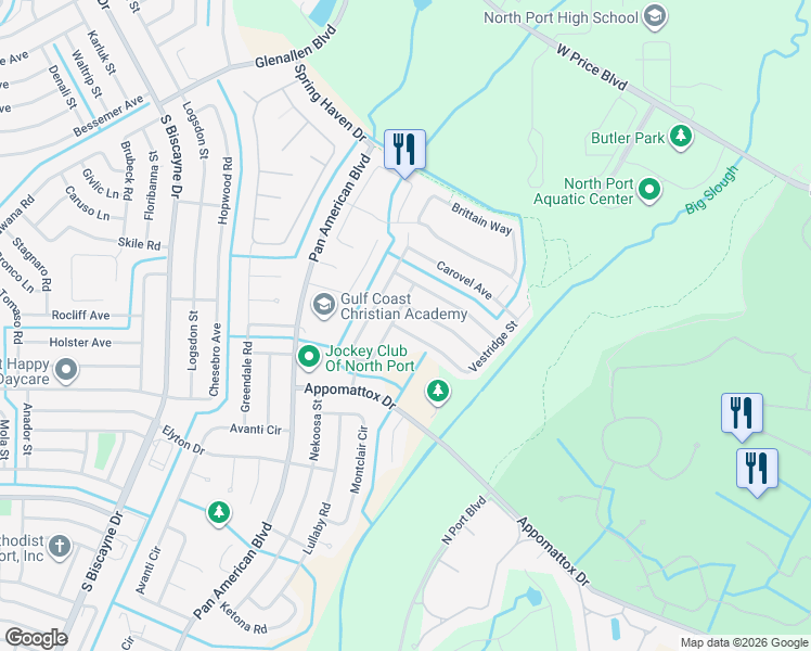 map of restaurants, bars, coffee shops, grocery stores, and more near 2654 Fairbrook Street in North Port