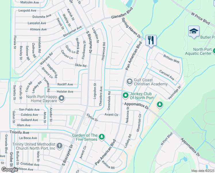 map of restaurants, bars, coffee shops, grocery stores, and more near 2965 Greendale Road in North Port
