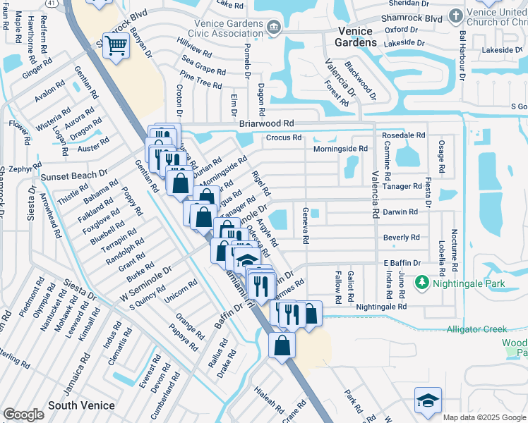 map of restaurants, bars, coffee shops, grocery stores, and more near 2947 Argyle Road in Venice