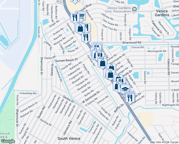 map of restaurants, bars, coffee shops, grocery stores, and more near 320 Terrapin Road in Venice