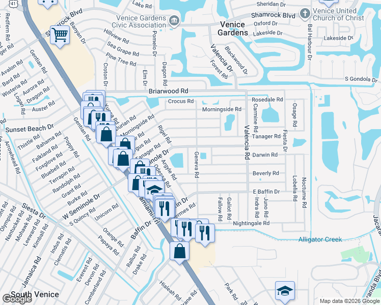 map of restaurants, bars, coffee shops, grocery stores, and more near 441 East Seminole Drive in Venice