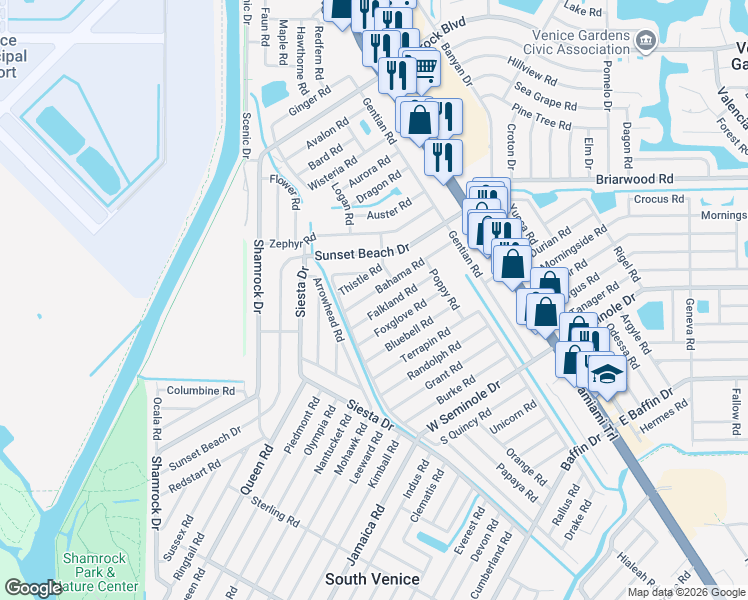 map of restaurants, bars, coffee shops, grocery stores, and more near 440 Bahama Road in Venice