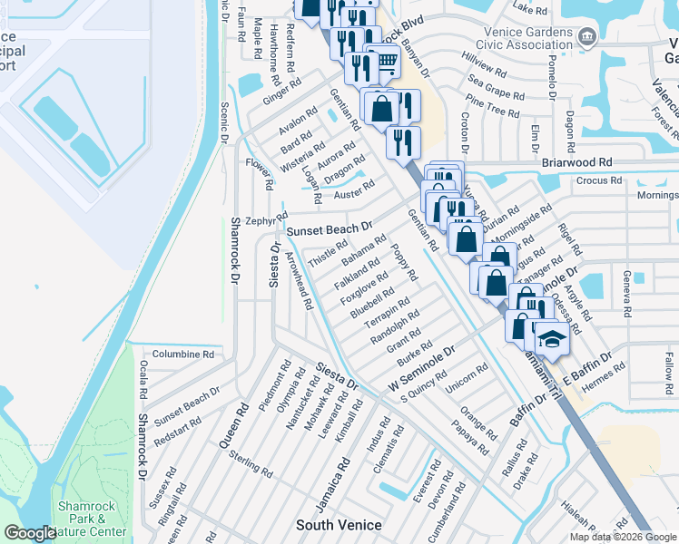 map of restaurants, bars, coffee shops, grocery stores, and more near 440 Bahama Road in Venice