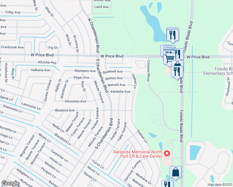 map of restaurants, bars, coffee shops, grocery stores, and more near 1862 Vandalia Avenue in North Port