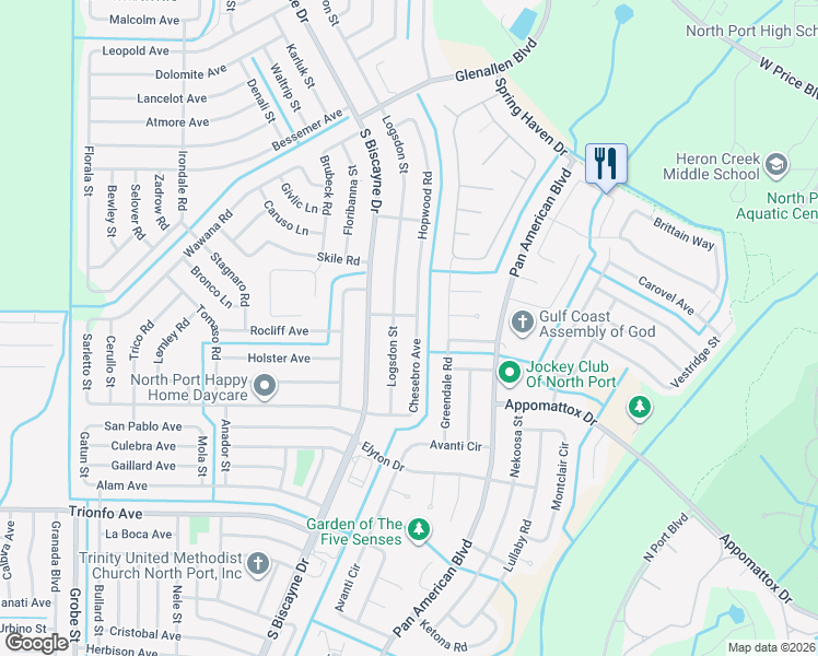 map of restaurants, bars, coffee shops, grocery stores, and more near 2696 Logsdon Street in North Port