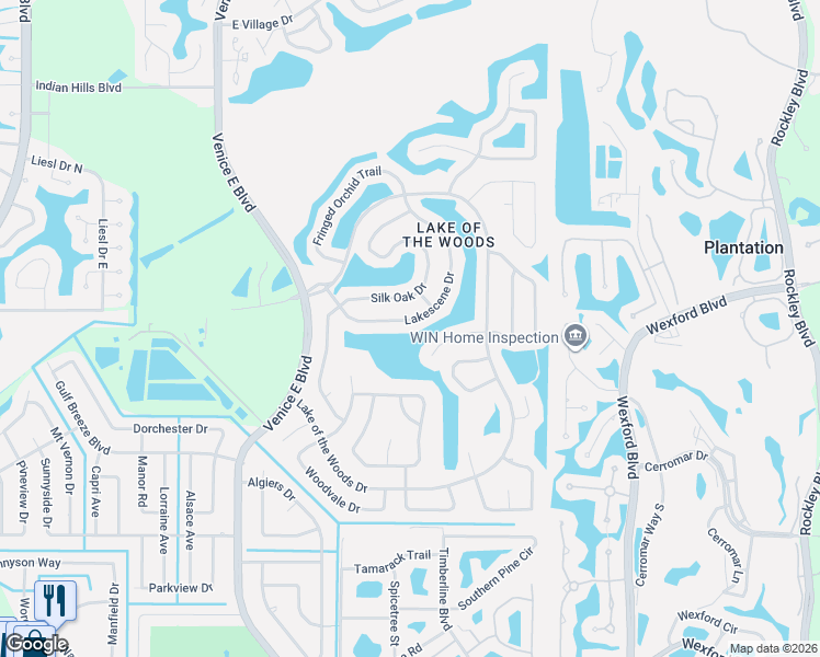 map of restaurants, bars, coffee shops, grocery stores, and more near 632 Lakescene Drive in Venice