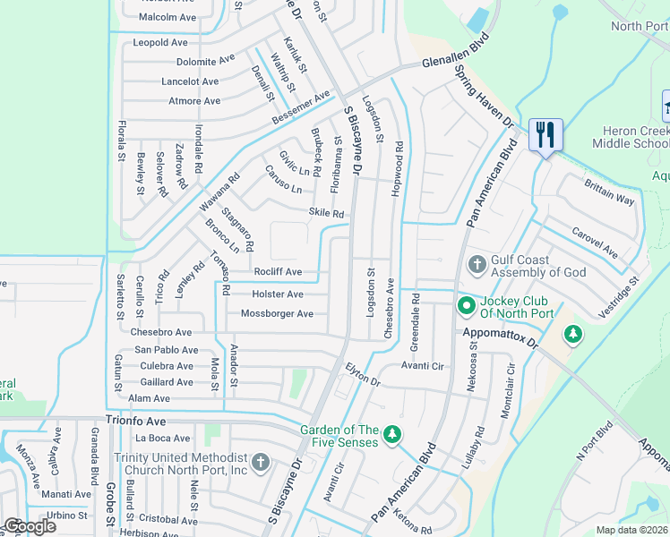 map of restaurants, bars, coffee shops, grocery stores, and more near 2683 South Biscayne Drive in North Port