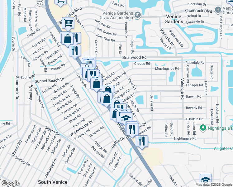 map of restaurants, bars, coffee shops, grocery stores, and more near 156 Altair Road in Venice