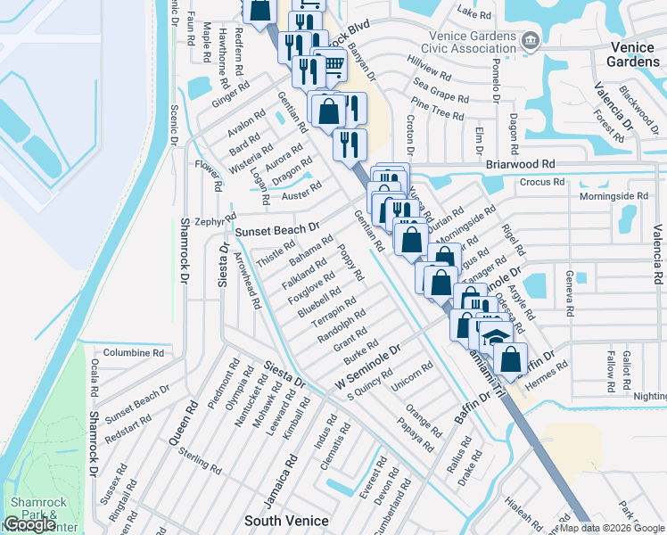 map of restaurants, bars, coffee shops, grocery stores, and more near 333 Falkland Road in Venice