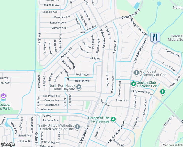 map of restaurants, bars, coffee shops, grocery stores, and more near 2695 Gisela Road in North Port