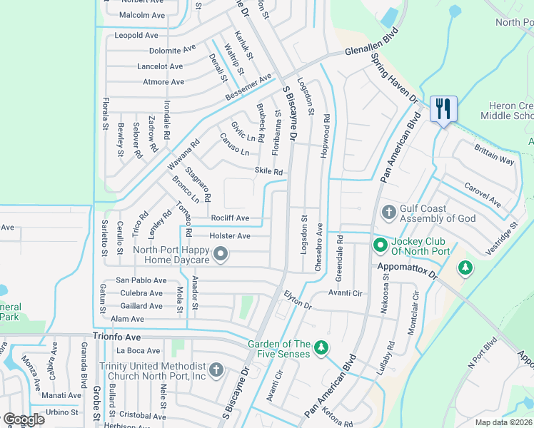 map of restaurants, bars, coffee shops, grocery stores, and more near 2695 Gisela Road in North Port