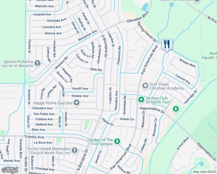 map of restaurants, bars, coffee shops, grocery stores, and more near 2696 Logsdon Street in North Port