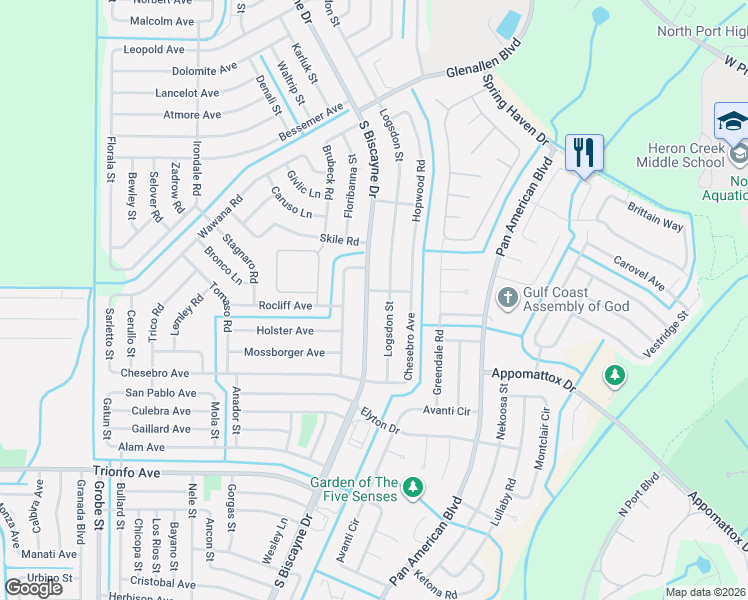 map of restaurants, bars, coffee shops, grocery stores, and more near 2683 South Biscayne Drive in North Port