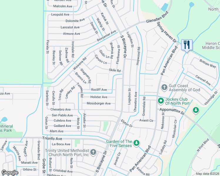 map of restaurants, bars, coffee shops, grocery stores, and more near 2695 Gisela Road in North Port