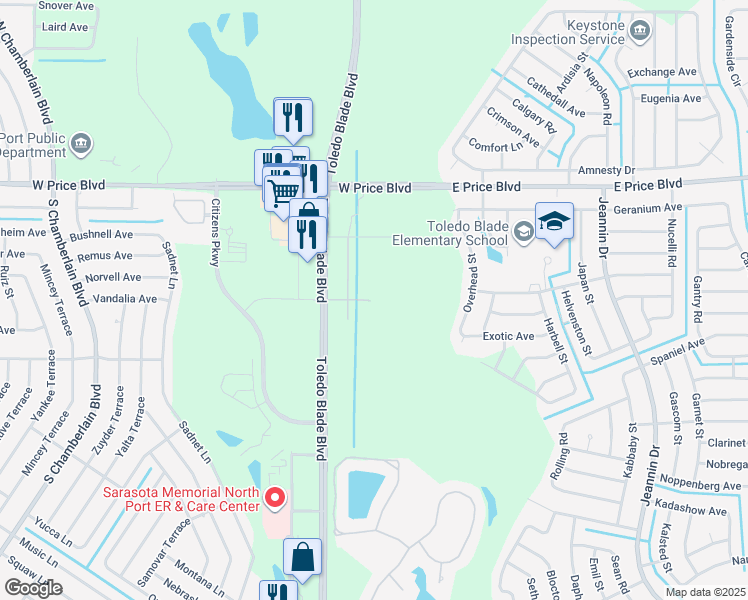 map of restaurants, bars, coffee shops, grocery stores, and more near 1152 Toledo Blade Boulevard in North Port
