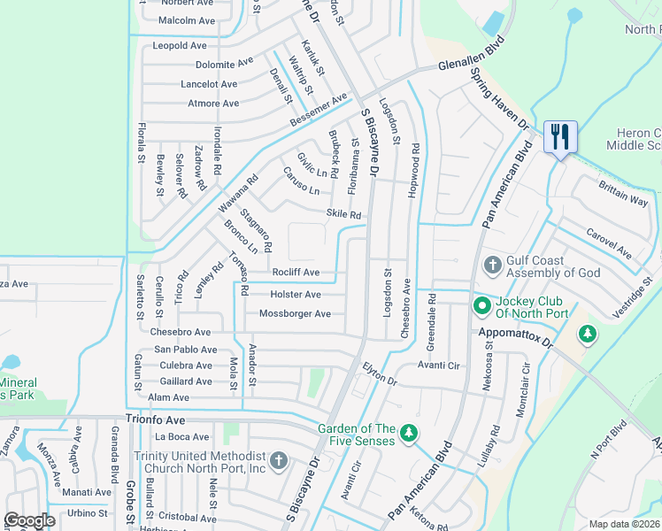 map of restaurants, bars, coffee shops, grocery stores, and more near 2695 Gisela Road in North Port