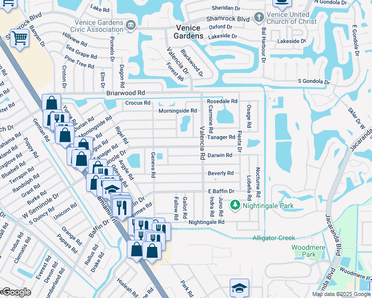 map of restaurants, bars, coffee shops, grocery stores, and more near 625 East Seminole Drive in Venice