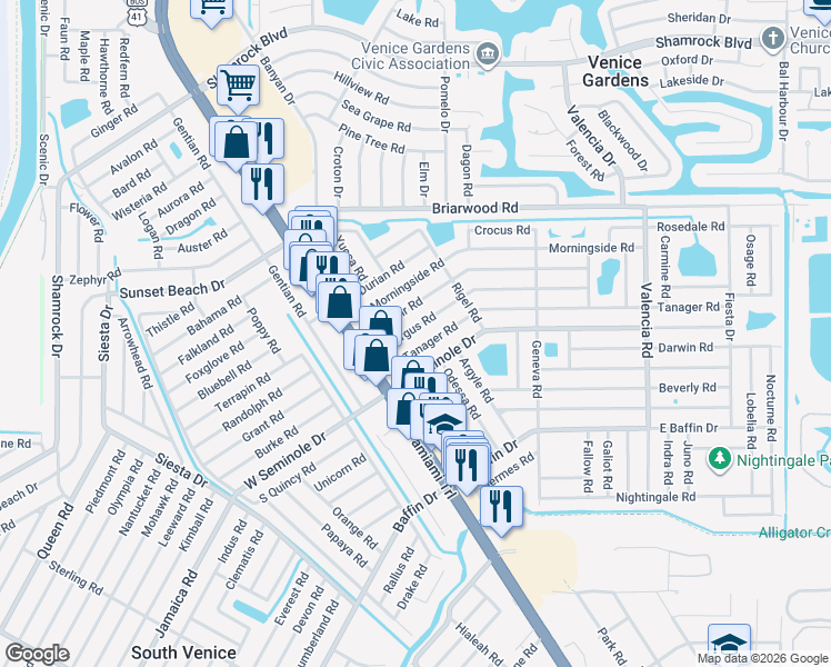 map of restaurants, bars, coffee shops, grocery stores, and more near 156 Altair Road in Venice