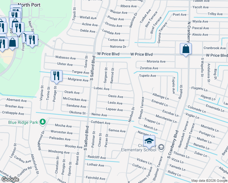 map of restaurants, bars, coffee shops, grocery stores, and more near 3622 Lubec Avenue in North Port
