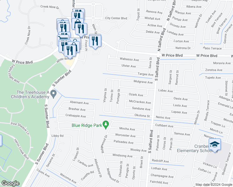 map of restaurants, bars, coffee shops, grocery stores, and more near 1581 Portage Street in North Port