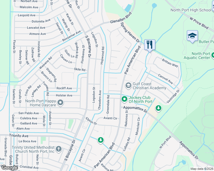 map of restaurants, bars, coffee shops, grocery stores, and more near 2835 Greendale Road in North Port