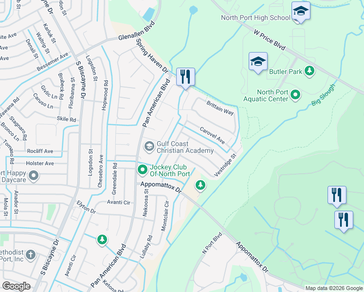 map of restaurants, bars, coffee shops, grocery stores, and more near 2492 Shenandoah Street in North Port