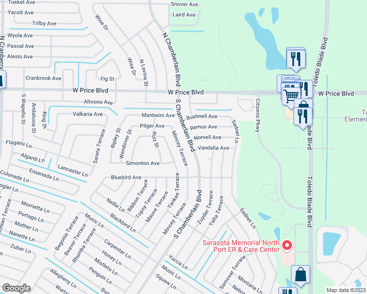map of restaurants, bars, coffee shops, grocery stores, and more near 1610 Mincey Terrace in North Port