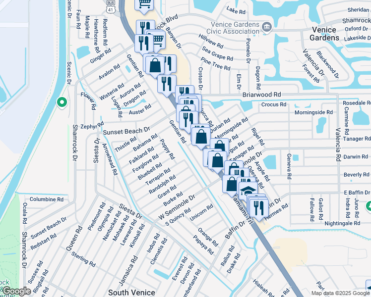 map of restaurants, bars, coffee shops, grocery stores, and more near 2814 Gentian Road in Venice