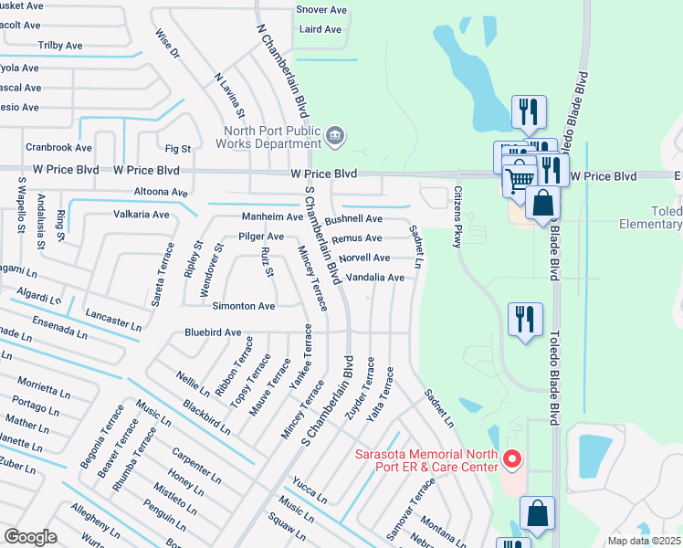 map of restaurants, bars, coffee shops, grocery stores, and more near 1594 South Chamberlain Boulevard in North Port