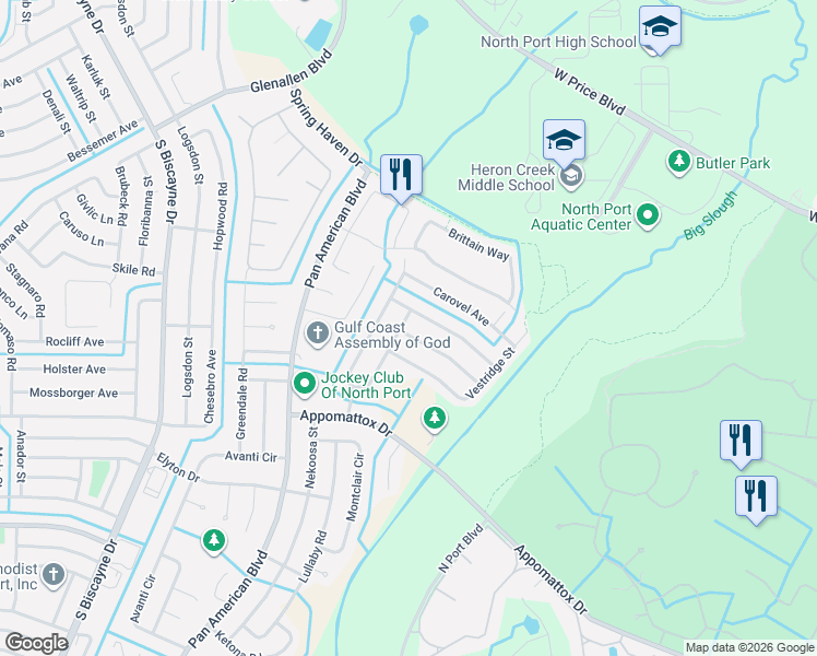 map of restaurants, bars, coffee shops, grocery stores, and more near 6763 Dennison Avenue in North Port