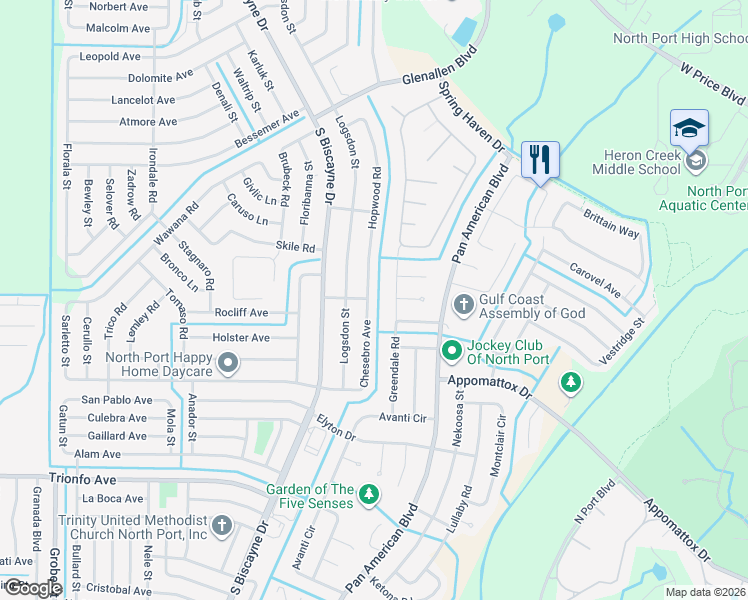 map of restaurants, bars, coffee shops, grocery stores, and more near 2809 Greendale Road in North Port