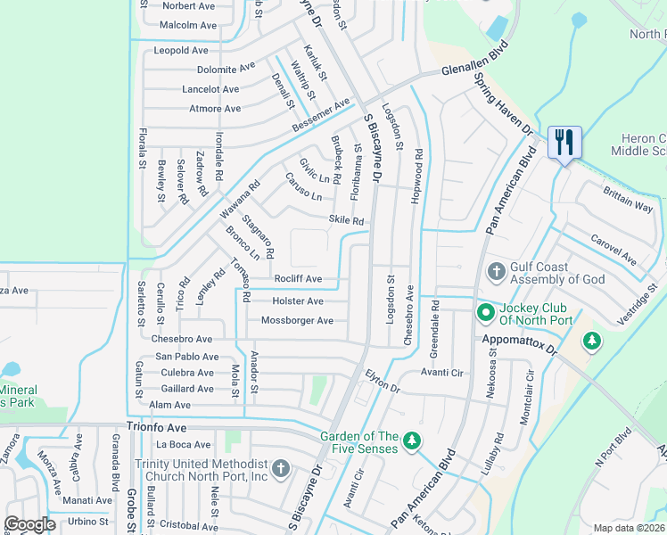 map of restaurants, bars, coffee shops, grocery stores, and more near 2695 Gisela Road in North Port