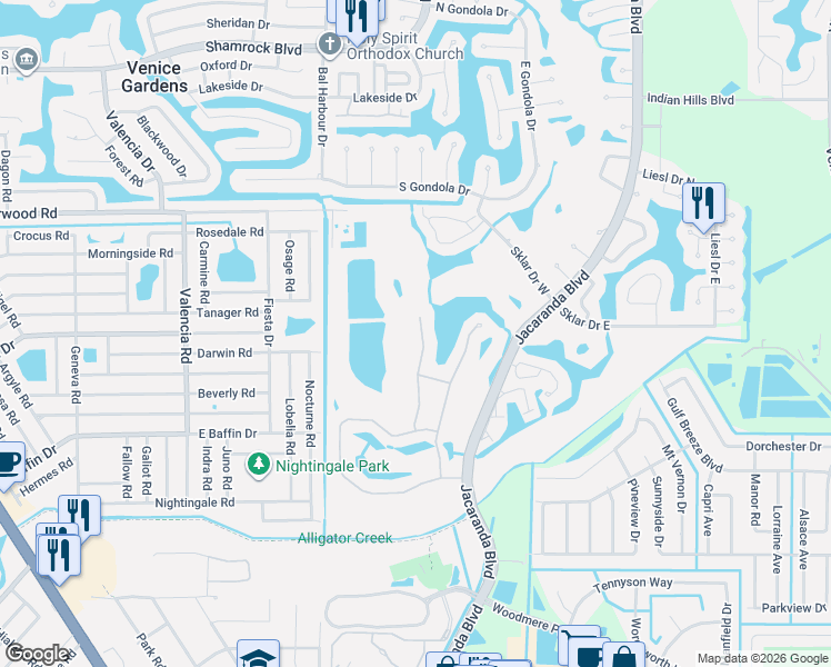 map of restaurants, bars, coffee shops, grocery stores, and more near 1933 Pebble Beach Court in Venice