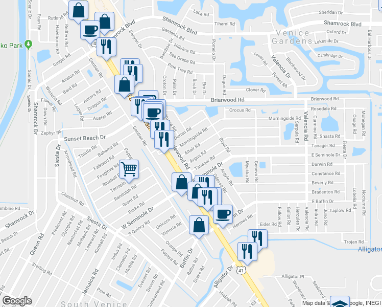 map of restaurants, bars, coffee shops, grocery stores, and more near 156 Altair Road in Venice
