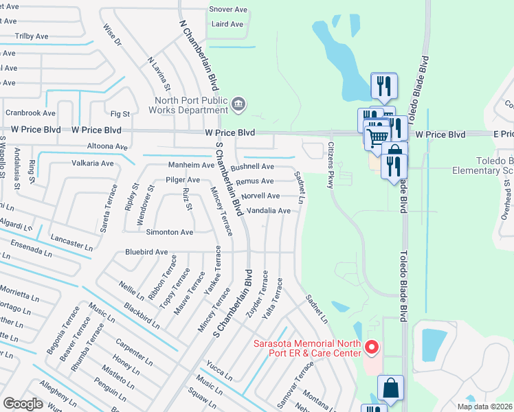 map of restaurants, bars, coffee shops, grocery stores, and more near 1594 South Chamberlain Boulevard in North Port