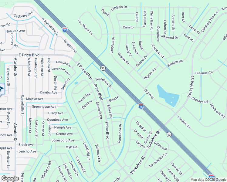 map of restaurants, bars, coffee shops, grocery stores, and more near 5352 Baker Road in North Port