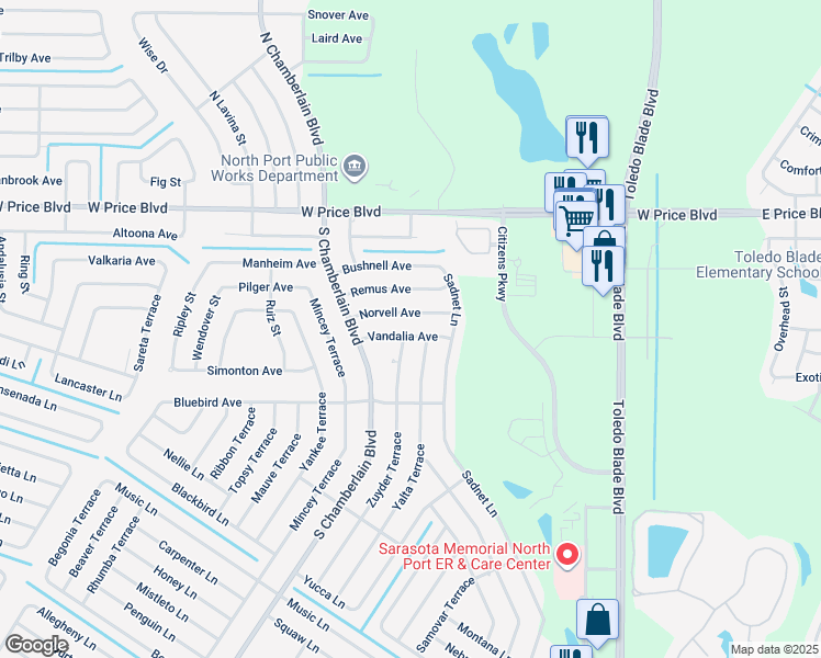 map of restaurants, bars, coffee shops, grocery stores, and more near 1862 Vandalia Avenue in North Port