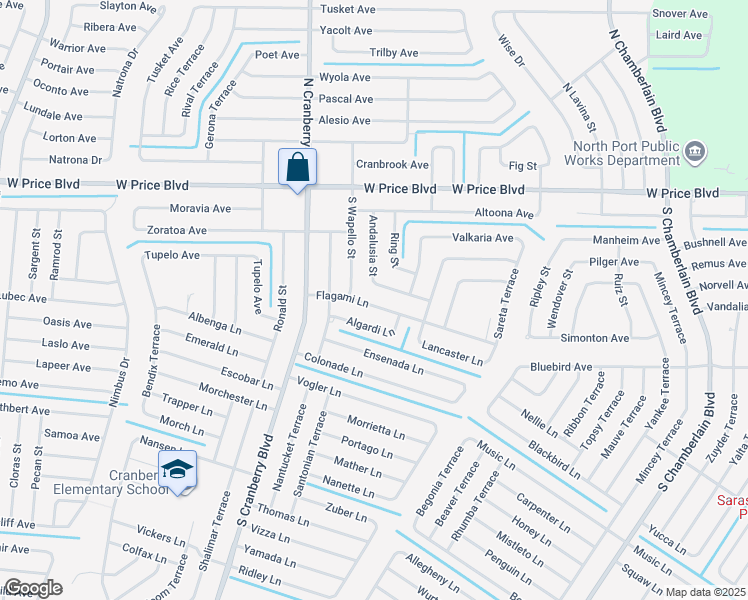 map of restaurants, bars, coffee shops, grocery stores, and more near 2754 Flagami Lane in North Port