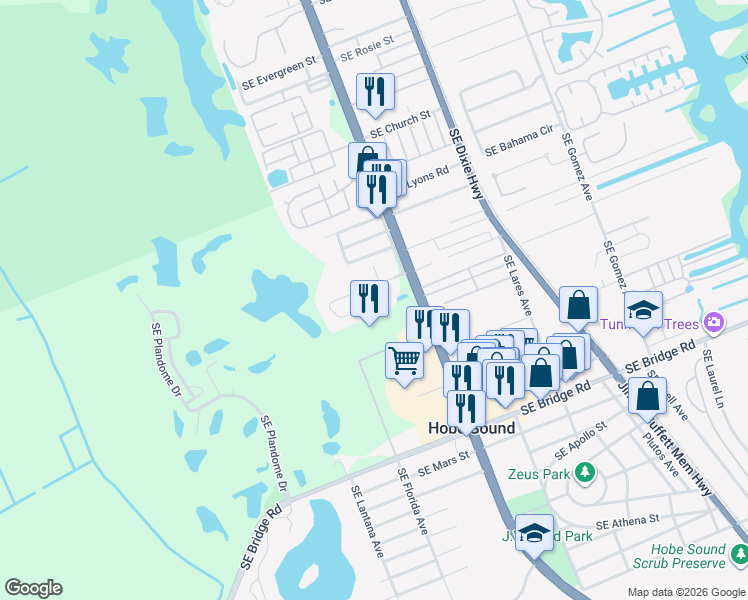 map of restaurants, bars, coffee shops, grocery stores, and more near 8274 Southeast Pine Circle in Hobe Sound