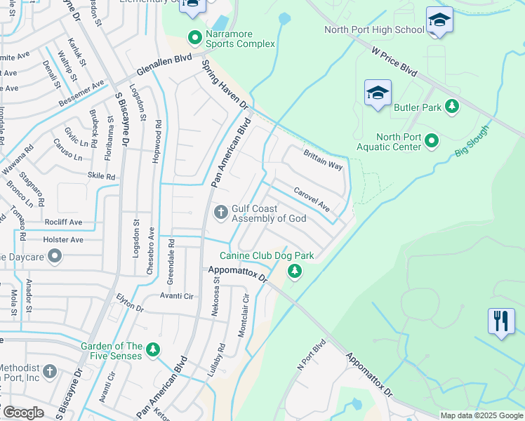 map of restaurants, bars, coffee shops, grocery stores, and more near 2492 Shenandoah Street in North Port