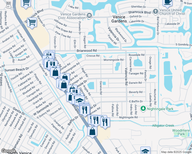 map of restaurants, bars, coffee shops, grocery stores, and more near 441 East Seminole Drive in Venice