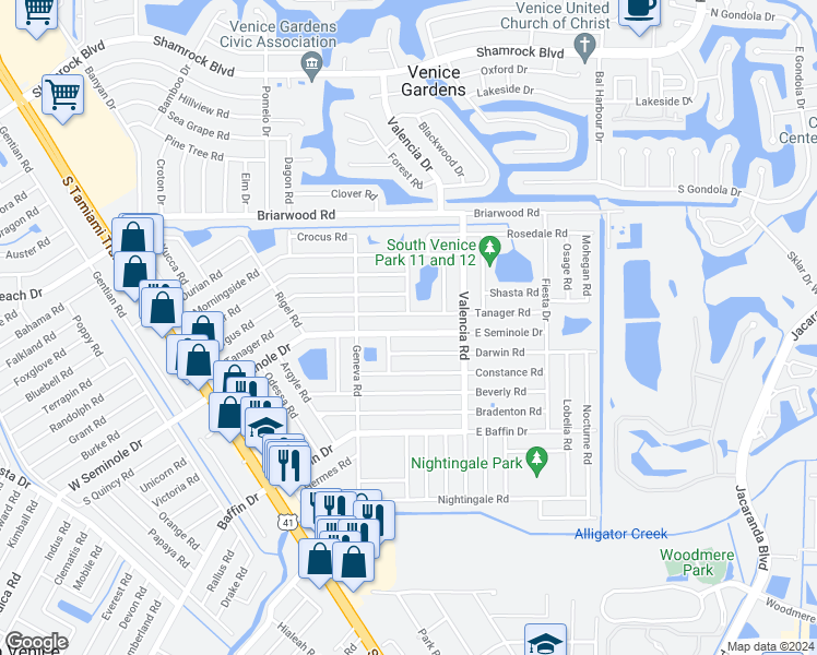 map of restaurants, bars, coffee shops, grocery stores, and more near 625 East Seminole Drive in Venice